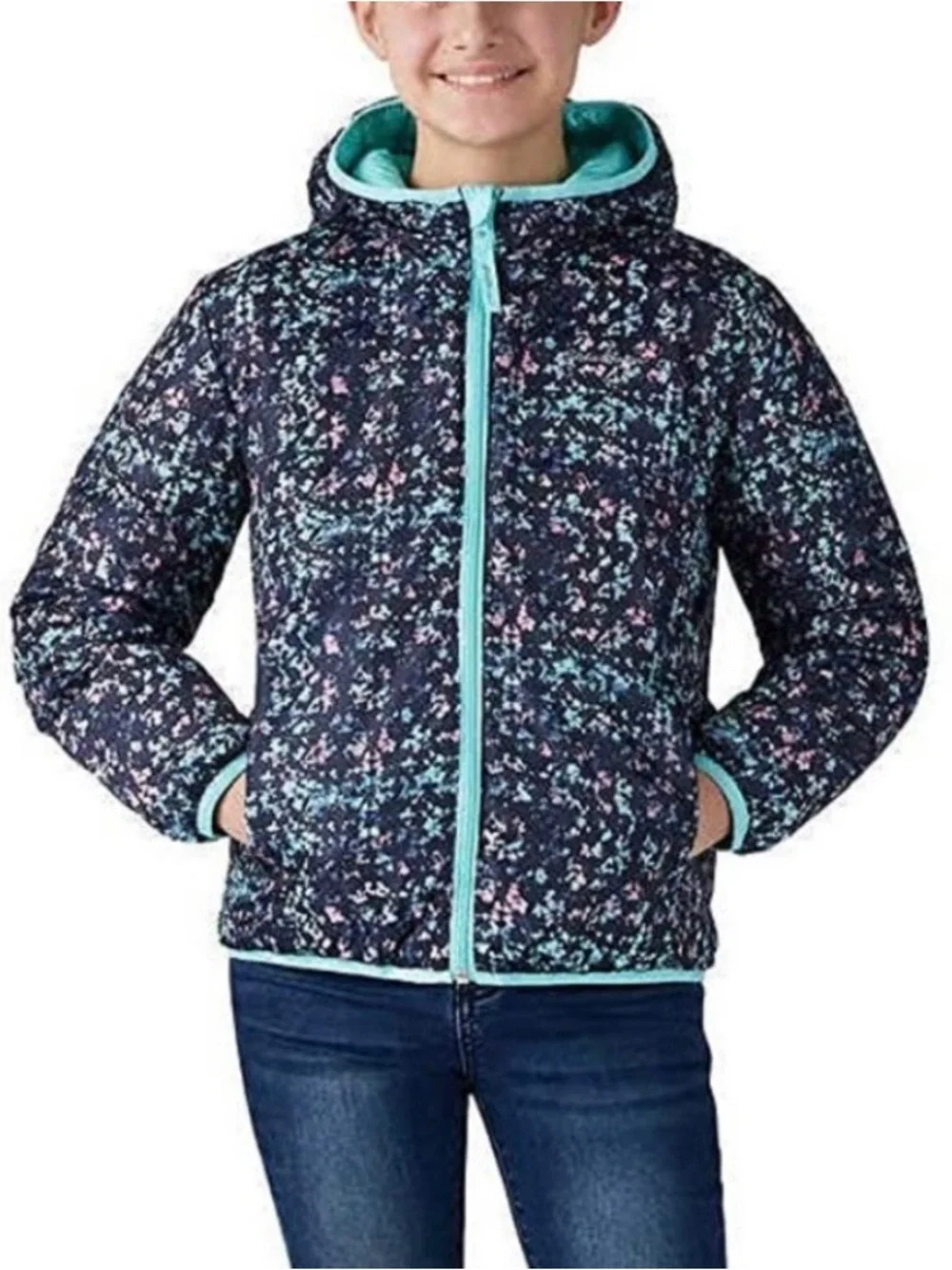 Eddie Bauer Reversible Kids' Jacket in Aqua and Navy Floral size 7/8